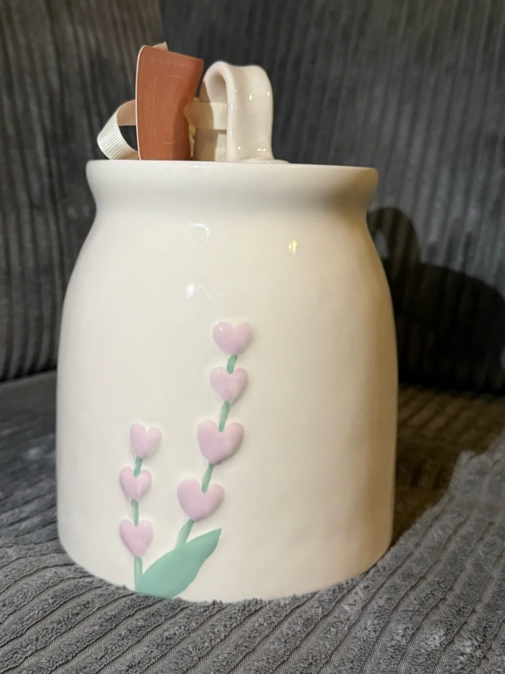 Rae Dunn White Ceramic 'KEEP' Canister with Pastel Heart Shaped Floral Accents